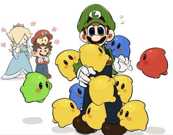  1girl 2boys :o baby_luma black_eyes blonde_hair blue_dress blue_luma blue_overalls blush_stickers brown_hair brown_shoes cellphone closed_mouth commentary crossed_arms crown dress earrings facial_hair flying_sweatdrops full_body gloves green_hat green_luma green_shirt hair_over_one_eye hat highres holding holding_phone jewelry long_hair looking_at_another luigi luma_(mario) mario mario_(series) mimimi_(mimimim9999) multiple_boys mustache nintendo open_mouth overalls phone red_hat red_luma red_shirt rosalina shirt shoes short_hair smartphone star_(symbol) star_earrings super_mario_galaxy symbol-only_commentary white_background white_gloves 