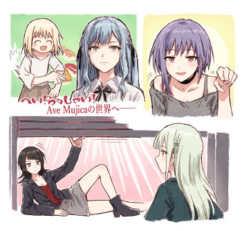  5girls :d ^_^ ave_mujica_(bang_dream!) bad_id bad_twitter_id bang_dream! bang_dream!_it's_mygo!!!!! bare_shoulders black_hair black_jacket black_ribbon blue_hair breasts brown_eyes cleavage closed_eyes collarbone collared_shirt frown green_hair grey_shirt grey_skirt hair_ribbon highres jacket long_hair long_sleeves looking_at_viewer miniskirt misumi_uika multiple_girls neck_ribbon off-shoulder_shirt off_shoulder open_clothes open_jacket open_mouth pointing pointing_at_another pointing_at_viewer purple_hair reclining red_shirt ribbon security_shutter shirt skirt smile straight_hair togawa_sakiko translation_request two_side_up v-shaped_eyebrows wakaba_mutsumi white_shirt yahata_umiri yukitake_(bullfalk) yuutenji_nyamu 
