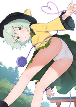  1girl absurdres ass bare_legs blush green_eyes green_hair green_skirt hat heart heart_of_string highres komeiji_koishi long_sleeves looking_at_viewer looking_back meis_(terameisu) panties pantyshot ribbon short_hair skirt solo standing third_eye touhou underwear upskirt white_panties wide_sleeves  rating:Sensitive score:46 user:danbooru