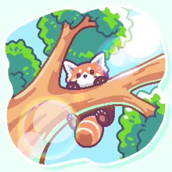  animal animal_focus animated animated_png blue_sky commentary_request day falling_leaves leaf no_humans on_tree original outdoors pixel_art red_panda sky sun takemoto1224 tree 