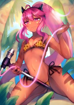 1girl animal_print bemani bikini black_horns breasts dark_skin grace_(sound_voltex) highres horns kuronakyumaru leopard_print leopard_print_bikini pink_eyes pink_hair print_bikini side-tie_bikini_bottom small_breasts sound_voltex swimsuit  rating:Questionable score:14 user:BlackRockShooter109