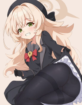 1girl ass black_gloves black_hat black_pantyhose black_skirt blonde_hair blue_archive blush brown_background brown_halo clothes_lift commentary_request gloves green_eyes halo hat highres itaba_atsushi lifting_own_clothes loli long_hair long_sleeves looking_at_viewer pantyhose presenting presenting_ass professor_niyaniya_(blue_archive) skirt skirt_lift solo rating:Sensitive score:44 user:danbooru