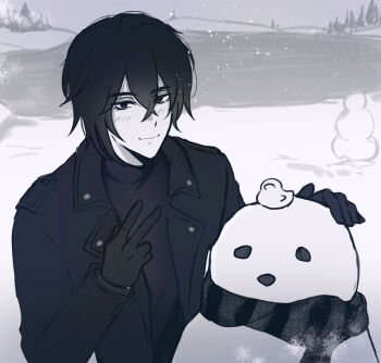  1boy asymmetrical_sidelocks black_coat black_eyes black_gloves black_hair black_sweater closed_mouth coat commentary_request e-ssentia-l gloves hair_between_eyes highres light_smile looking_at_viewer male_focus pale_skin sebastian_(stardew_valley) sidelocks snow snowing snowman solo stardew_valley sweater upper_body v 