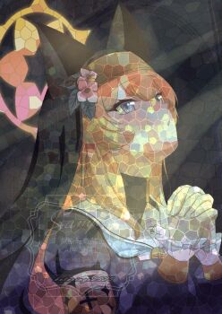  1girl absurdres animal_ears black_jacket black_veil blue_archive blue_eyes blue_neckerchief commentary_request flower hair_flower hair_ornament halo highres jacket kotoringo2525 looking_up mari_(blue_archive) neckerchief nun open_mouth orange_hair own_hands_clasped own_hands_together sailor_collar solo veil white_flower white_sailor_collar yellow_halo 