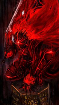  1girl aeoncore1 arm_support armor artist_name berserk black_armor clawed_gauntlets e.g.o_(project_moon) floating_hair full_armor full_body gebura_(project_moon) glowing glowing_eye highres holding holding_sword holding_weapon huge_weapon library_of_ruina lobotomy_corporation mask mimicry_(e.g.o) on_pillar one-eyed over_shoulder pillar pose_imitation project_moon red_hair red_theme solo squatting sword sword_over_shoulder weapon weapon_over_shoulder 