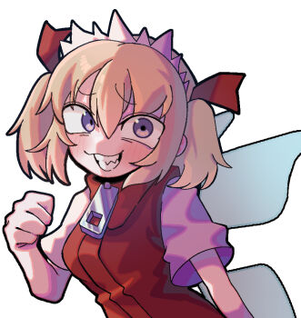  1girl blonde_hair blush bow clenched_hand commentary cookie_(touhou) grin hair_bow looking_at_viewer melanin_shikiso purple_eyes purple_shirt red_bow red_sweater_vest sharp_teeth shiriri_saikyo shirt short_hair simple_background smile solo sunny_milk sweater_vest teeth touhou two_side_up upper_body white_background zipper 