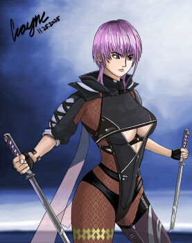  1girl ayane_(doa) breasts dead_or_alive large_breasts ninja_gaiden ninja_gaiden_4 purple_hair solo team_ninja underboob weapon 