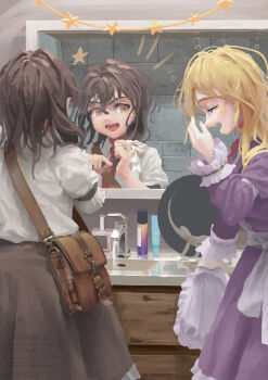  2girls back_bow bag blonde_hair bottle bow briefcase brown_eyes brown_hair commentary_request cowboy_shot drawer dress facing_away faucet frilled_dress frilled_skirt frills from_side hair_bow half-closed_eyes hat hat_bow hat_ribbon highres holding holding_unworn_clothes holding_unworn_hat maribel_hearn mirror mob_cap multiple_girls neck_ribbon necktie open_mouth perfume_bottle purple_dress purple_eyes red_necktie red_ribbon ribbon shirt_tucked_in shoulder_bag signature sink skirt star_(symbol) teeth touhou unworn_hat unworn_headwear usami_renko water white_bow white_hat yawning yunickckck 