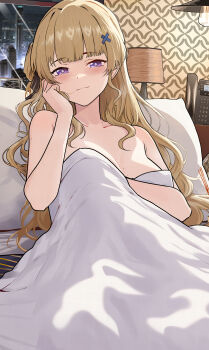 1girl absurdres adjusting_hair black_bow blonde_hair bow breasts closed_mouth collarbone commentary desk_lamp english_commentary hair_bow hair_in_own_mouth hair_ornament hand_in_own_hair highres indoors lamp light_blush long_hair looking_at_viewer medium_breasts on_bed phoebe_(wuthering_waves) pillow purple_eyes revision ryeon_(naturesan) solo striped_bow under_covers very_long_hair window wuthering_waves x_hair_ornament rating:Questionable score:34 user:danbooru