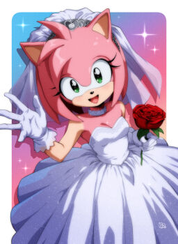  1990s_(style) 1girl alternate_costume amy_rose animal_ears animal_nose arm_up artist_name bare_shoulders blush body_fur border breasts bridal_veil bride choker cleavage collarbone dress drop_shadow female_focus flower furry furry_female gloves gradient_background gravydood green_eyes hand_up happy holding holding_flower light_blush long_dress looking_at_viewer open_mouth outside_border pink_background pink_fur pink_hair red_flower red_rose retro_artstyle rose short_hair sidelocks signature simple_background small_breasts smile solo sonic_(series) sparkle standing strapless strapless_dress veil waving wedding_dress white_border white_choker white_dress white_gloves white_veil  rating:Sensitive score:0 user:AngryZapdos