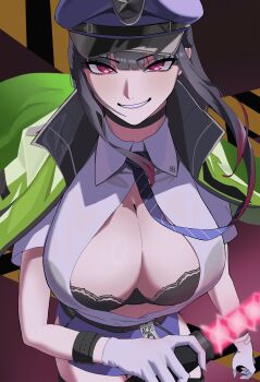  1girl absurdres barabara_49 baton_(weapon) black_bra black_choker black_hair blue_hat blue_necktie blue_skirt bra breasts caution_tape choker cleavage collared_shirt commentary cowboy_shot d_(killer_wife)_(nikke) d_(killer_wife)_(secret_police)_(nikke) d_(nikke) diagonal-striped_clothes diagonal-striped_necktie gloves goddess_of_victory:_nikke gradient_hair green_jacket grin hat highres holding_baton jacket jacket_on_shoulders lace lace-trimmed_bra lace_trim large_breasts long_hair looking_at_viewer miniskirt multicolored_hair name_tag necktie official_alternate_costume official_alternate_hairstyle partially_unbuttoned peaked_cap police police_hat police_uniform policewoman red_eyes red_hair shirt shirt_tucked_in skirt smile solo standing striped_clothes two-tone_hair underwear weapon white_gloves white_shirt wing_collar wristband 