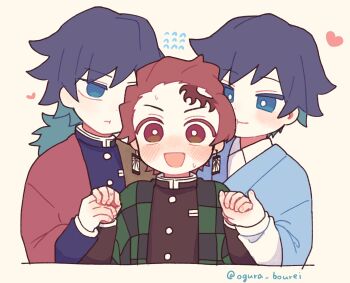  3boys black_hair black_jacket blue_eyes blue_kimono blush bright_pupils brown_eyes brown_hair buttons checkered_haori commentary_request cropped_torso demon_slayer_uniform dual_persona empty_eyes haori heart high_collar highres holding_hands jacket japanese_clothes kikkoumon kimetsu_no_yaiba kimono long_hair low_ponytail male_focus multiple_boys nervous ogura_bourei ponytail print_haori red_haori scar scar_on_face scar_on_forehead smile spiked_hair sweat tomioka_giyuu twitter_username upper_body white_background white_pupils yaoi 