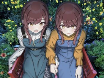  2girls blue_dress blush breasts commentary dress from_above hair_between_eyes holding_hands idolmaster idolmaster_shiny_colors long_hair long_sleeves medium_breasts multiple_girls open_mouth osaki_amana osaki_tenka photo_background red_hair siblings sisters sitting smile swept_bangs symbol-only_commentary takada_(pixiv_97599311) twins yellow_eyes 