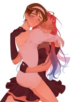  2girls absurdres alatus_l0v alien_stage asymmetrical_gloves black_dress black_gloves blue_hair commentary dress earrings english_commentary gloves hairband half_gloves highres hug jewelry juliet_sleeves long_hair long_sleeves mizi_(alien_stage) multicolored_hair multiple_girls off-shoulder_dress off_shoulder pearl_earrings puffy_sleeves purple_eyes short_hair single_half_glove sphere_earrings sua_(alien_stage) two-tone_hair uneven_gloves white_background white_gloves white_hairband yellow_eyes yuri 