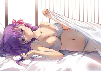 1girl backlighting bare_shoulders blanket blush bra breasts cleavage closed_mouth collarbone fate/stay_night fate_(series) female_focus hair_ribbon ice_(ice_aptx) indoors large_breasts long_hair looking_at_viewer lying matou_sakura navel on_bed on_side panties pink_ribbon pov_across_bed purple_eyes purple_hair ribbon smile solo stomach sunlight under_covers underwear white_bra white_panties rating:Sensitive score:49 user:danbooru