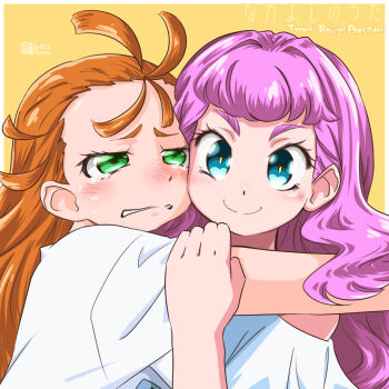  2girls alternate_hairstyle aoneco artist_logo artist_name blue_eyes closed_mouth commentary copyright_name crying dated frown green_eyes hair_down hair_pulled_back half-closed_eyes hand_on_another's_arm hug laura_la_mer logo long_hair looking_at_viewer loungewear multiple_girls natsuumi_manatsu orange_hair pink_hair precure shirt short_sleeves signature smile t-shirt tearing_up tears translated tropical-rouge!_precure white_shirt 