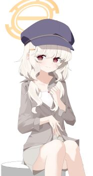 1girl absurdres aoba_(blue_archive) black_hat blue_archive blush bow_camisole brown_hair brown_jacket brown_skirt newsboy_cap camisole closed_mouth collarbone eyes_visible_through_hair flat_chest grey_hair hair_between_eyes hair_ornament hairclip halo hat highres jacket loli long_hair looking_at_viewer red_eyes sitting skirt solo sweatdrop white_background white_camisole yellow_halo zizhucan rating:Sensitive score:12 user:danbooru