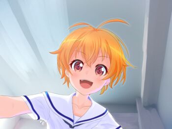 bang_dream! bang_dream!_girls_band_party! hello_happy_world! idiot_hair kitazawa_hagumi looking_at_viewer orange_hair red_eyes school_uniform short_hair short_sleeves tagme  rating:Sensitive score:2 user:Arishiro