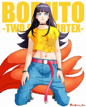  1girl absurdres ahoge black_choker black_hair black_shoes blue_eyes boruto:_two_blue_vortex bow bracelet choker commentary_request copyright_name crop_top cropped_shirt denim facial_mark full_body highres jeans jewelry kneeling kurama_(naruto) lips long_hair midriff naruto_(series) navel pants parted_lips red_bow saburo_des shoes solo twitter_username uzumaki_himawari v-shaped_eyebrows whisker_markings 