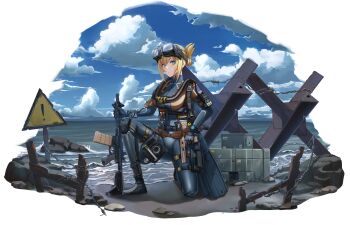  1girl absurdres ahab_(kced) assault_rifle barbed_wire blonde_hair blue_bodysuit blue_eyes bodysuit breathing_tube cloud cloudy_sky diving_suit flippers frogman goggles goggles_on_head gun handgun harness highres holding holding_gun holding_weapon holster kneeling looking_at_viewer magazine_(weapon) original oxygen_tank pistol rifle scuba scuba_gear scuba_tank shin_guards sign skin_tight sky solo thigh_holster warning_sign weapon wetsuit 