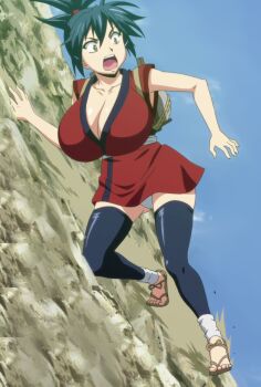  1girl absurdres ass blue_hair breasts cleavage curvy female_focus full_body gluteal_fold highres huge_ass huge_breasts japanese_clothes kimono large_breasts manyuu_chifusa manyuu_hikenchou open_mouth panties ponytail red_kimono sandals sarashi stitched thick_thighs thigh_gap thighhighs thighs third-party_edit underwear voluptuous_teenager well_endowed wide_hips  rating:Questionable score:10 user:luigi-dude