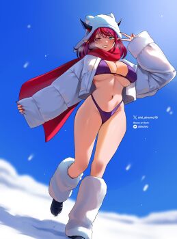  1girl :d bikini black_shoes blue_eyes blue_sky breasts breath cleavage commentary day english_commentary full_body fur_leg_warmers grin hand_up heterochromia highleg highleg_bikini highres hololive hololive_english horns horns_through_headwear irys_(hololive) jacket large_breasts leg_warmers looking_at_viewer navel oioi_ainomo open_clothes open_jacket open_mouth outdoors parka pink_eyes pointy_ears purple_bikini purple_hair red_streaks scarf shoes short_hair sky smile snow solo stomach swimsuit v virtual_youtuber white_jacket white_leg_warmers 