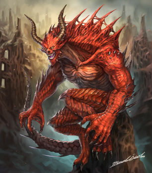  amon_(ars_goetia) ars_goetia black_horns chin_spike creature demon demon_horns demon_tail fantasy full_body hell highres horns large_hands looking_at_viewer madowl male_focus monster monster_focus open_mouth pointy_ears scales sharp_teeth shoulder_spikes solo spikes tail teeth underworld webbed_feet webbed_hands 