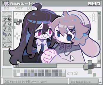  2girls ahoge animal_ears animated animated_gif beret black_necktie blue_eyes bow bowtie brown_hair closed_mouth collared_shirt cursor dot_mouth dot_nose fake_animal_ears hair_between_eyes hair_ornament hairpin hat heart highres holding_hands mole mole_under_eye multiple_girls necktie nuzzle original pink_eyes pixel_heart renzhi00334233 shirt short_hair smile upper_body white_hat white_shirt yellow_bow yellow_bowtie yuri 