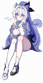  1girl absurdres ahoge animal_ears bird blue_eyes boots breasts cat_ears cat_tail cleavage_cutout clothing_cutout commentary cutescookie detached_sleeves diamond-shaped_pupils diamond_(shape) dove highres honkai_(series) honkai_impact_3rd kemonomimi_mode kiana_kaslana kiana_kaslana_(herrscher_of_finality) large_breasts long_hair simple_background sitting solo symbol-only_commentary symbol-shaped_pupils tail thighs very_long_hair white_background white_boots 