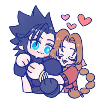  105zz 1boy 1girl :3 aerith_gainsborough armor bangle black_hair blue_eyes blush bracelet braid braided_ponytail brown_hair cheek_press closed_eyes closed_mouth commentary_request couple crisis_core:_final_fantasy_vii cropped_torso cross_scar drill_hair drill_sidelocks facial_scar final_fantasy final_fantasy_vii final_fantasy_vii_remake hair_ribbon heart hetero hug hug_from_behind jacket jewelry leaning_on_person long_hair looking_at_another lowres pink_ribbon ponytail red_jacket ribbed_sweater ribbon scar scar_on_cheek scar_on_face shoulder_armor sidelocks simple_background sleeveless sleeveless_turtleneck smile spiked_hair sweater turtleneck turtleneck_sweater upper_body white_background zack_fair 