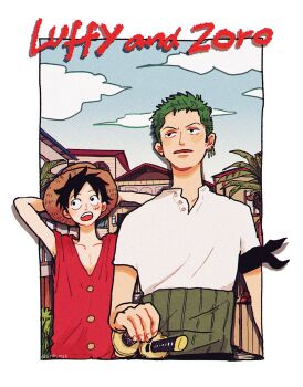  2boys arms_behind_head black_hair blue_sky border building cloud cloudy_sky collarbone earrings facial_scar green_hair haramaki hat highres jewelry katana male_focus monkey_d._luffy multiple_boys one_piece open_mouth outdoors outside_border parted_lips red_vest roronoa_zoro scar scar_on_cheek scar_on_face sheath sheathed shirt silver_mssk sky straw_hat sword upper_body vest weapon white_border white_shirt 