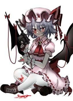  1girl absurdres ascot bat_wings blood blood_on_face blue_hair blush bow brooch commentary english_commentary gun hair_between_eyes handgun hat hat_ribbon highres holding holding_gun holding_weapon jewelry looking_at_viewer mauser_c96 mob_cap ougiikun pantyhose pink_hat pink_shirt pink_skirt puffy_short_sleeves puffy_sleeves red_ascot red_bow red_eyes red_ribbon remilia_scarlet ribbon shirt shoes short_hair short_sleeves simple_background sitting skirt skirt_set solo touhou weapon white_background white_pantyhose wings wrist_cuffs 