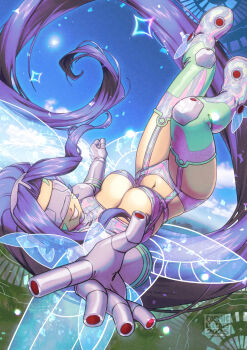  1girl bra breasts cosmicleeches cyber_fashion digimon digimon_(creature) digimon_frontier facial_mark fairimon fairy_wings gloves highres large_breasts lingerie long_hair looking_at_viewer panties purple_bra purple_hair purple_panties underwear wings 