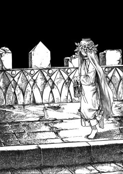  1girl barefoot battlement blush bowl bowl_hat dress flower greyscale hat highres holding holding_lantern kilsturgeon lantern long_hair long_sleeves monochrome neck_ribbon original ribbon solo very_long_hair walking 