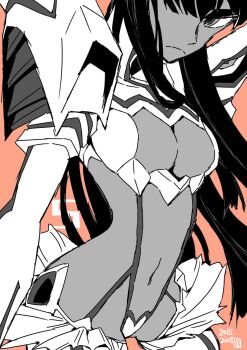  1girl armor belly breasts center_opening cleavage cleavage_cutout closed_mouth clothing_cutout commentary_request dated hair_over_one_eye highres imaishi_hiroyuki junketsu kamui_(kill_la_kill) kill_la_kill kiryuuin_satsuki large_breasts living_clothes long_hair looking_at_viewer monochrome navel numbered official_art orange_background pauldrons revealing_clothes scowl shoulder_armor sidelocks simple_background solo suspenders thighhighs thighs very_long_hair 