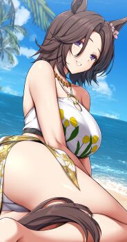  1girl absurdres air_groove_(umamusume) animal_ears bare_shoulders beach bikini blue_eyes blue_sky breasts brown_hair cloud collarbone commentary ear_flower english_commentary floral_print_sarong highres horse_ears horse_girl horse_tail jewelry large_breasts looking_at_viewer necklace ocean open_mouth outdoors palm_tree print_bikini sarong sheita short_hair sky smile swimsuit tail tree umamusume water white_bikini 