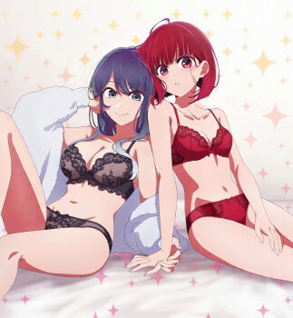  2girls arima_kana bare_shoulders black_bra black_panties blue_hair bob_cut bra breasts cleavage closed_mouth collarbone female_focus grey_eyes hirayama_kanna holding_hands kurokawa_akane legs light_blush long_hair looking_at_viewer medium_breasts multiple_girls navel official_art open_mouth oshi_no_ko panties parted_lips ponytail red_bra red_eyes red_hair red_panties scan short_hair sitting small_breasts smile stomach teeth thighs underwear  rating:Sensitive score:47 user:HentaiFushinsa007