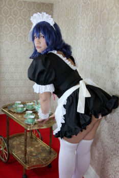 apron blue_hair breasts chouzuki_maryou cosplay large_breasts maid maid_apron maid_headdress photo_(medium) plump red_eyes seikon_no_qwaser thick_thighs thighhighs thighs yamanobe_tomo rating:Explicit score:9 user:H-Viruz