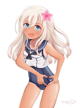  1girl blonde_hair blue_eyes blush breasts commentary cowboy_shot crop_top flower four-finger_heart_hands grey_background hair_flower hair_ornament heart heart_hands highres japanese_flag kantai_collection long_hair looking_at_viewer one-piece_swimsuit one-piece_tan open_mouth r_you_yabai ro-500_(kancolle) sailor_collar school_swimsuit school_uniform serafuku smile solo swimsuit swimsuit_under_clothes tan tanline 