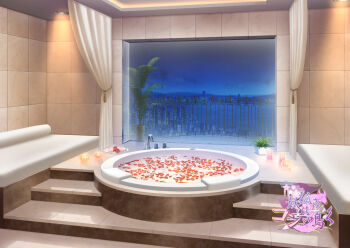  balcony bathtub candle ceiling_light commentary_request copyright_logo couch curtains faucet flower indoors logo mizui_xl night no_humans official_art petals petals_on_liquid pink_flower pink_rose plant plate potted_plant red_flower red_rose rose scenery stairs tile_wall tiles water window youko-san_wa_kon_to_naku 