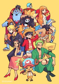  2girls 6+boys absurdres arm_tattoo bag bandana_around_arm bikini bikini_top_only black_hair blonde_hair blue_skin boots brook_(one_piece) buzz_cut chest_tattoo colored_skin commentary crossed_legs crown curly_eyebrows franky_(one_piece) full_body geta green_hair green_kimono half_updo haramaki hat high_heels highres hood japanese_clothes jinbe_(one_piece) kimono long_hair long_nose looking_at_viewer monkey_d._luffy multiple_boys multiple_girls nami_(one_piece) nico_robin one_eye_closed one_piece orange_hair pink_sarong red_sash roronoa_zoro sanji_(one_piece) sarong sash satchel scar scar_on_chest short_hair sideburns sitting skeleton smile stitched_torso stitches straw_hat straw_hat_pirates swimsuit tattoo timtam tongue tongue_out tony_tony_chopper twitter_username usopp v-shaped_eyebrows very_short_hair yellow_background yellow_sash 