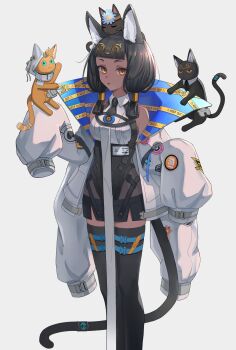  1girl absurdres animal animal_ear_fluff animal_ears arknights bare_shoulders black_cat black_hair black_necktie black_tail black_thighhighs blue_coat blue_flower blunt_bangs brown_cat cat chinese_commentary clothes_writing coat commentary dark-skinned_female dark_skin extra_arms feet_out_of_frame flower gold grey_background grey_coat hair_ornament hair_tubes heli_herri highres infection_monitor_(arknights) long_sleeves looking_at_viewer medium_hair necktie off_shoulder parted_lips puffy_long_sleeves puffy_sleeves short_necktie simple_background solo tail thighhighs titi_(arknights) two-sided_coat two-sided_fabric yellow_eyes 