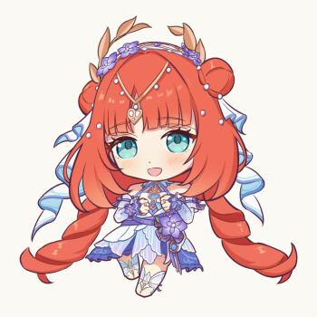  1girl aqua_eyes bare_shoulders blue_dress blue_sleeves blush chibi chibi_only circlet double_bun dress flower full_body genshin_impact gradient_sleeves hair_bun hair_flower hair_ornament hands_up long_hair long_sleeves looking_at_viewer nilou_(breeze_of_sabaa)_(genshin_impact) nilou_(genshin_impact) official_alternate_costume open_mouth purple_flower red_hair simple_background sleeveless sleeveless_dress solo standing sugarless_(sugarless_il) twintails very_long_hair white_background 
