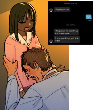  1boy 1girl :d alt_text alternate_skin_color azumanga_daiou black_hair blue_shirt brown_hair closed_eyes collared_shirt crying dark-skinned_female dark_skin hpar kasuga_ayumu open_mouth original pink_shirt profanity school_uniform serafuku shirt slur_(profanity) smile sobbing twitter 