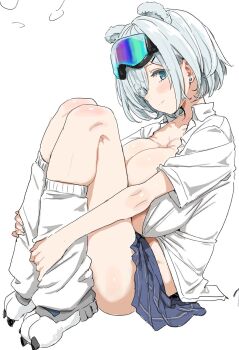  1girl animal_ears arknights aurora_(arknights) bear_ears bear_girl blue_eyes blue_skirt blush breasts clearite cleavage earrings extra_ears full_body goggles goggles_on_head highres huge_breasts hugging_own_legs jewelry leg_warmers open_clothes open_shirt paw_shoes shirt shoes short_hair simple_background skirt smile solo white_background white_leg_warmers white_shirt white_shoes 