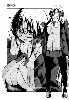  1girl blush breasts breath bright_pupils cardigan closed_mouth commentary_request dated down_jacket dress_shirt full_body glasses greyscale heart highres hot jacket kichihachi large_breasts loafers miniskirt monochrome multiple_views open_clothes open_jacket open_mouth opened_by_self original pantyhose pleated_skirt scarf school_uniform shirt shoes skirt smile standing steaming_body sweat twitter_username 