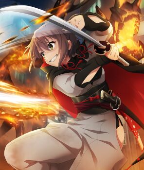  1girl aradama_(toji_no_miko) attack battle black_cape black_sash bow breasts brown_hair building cape city clothing_cutout etou_kanami game_cg grey_kimono grey_pants grin hip_vent holding holding_sword holding_weapon japanese_clothes katana kimono night obi official_art outdoors pants red_bow red_cape sash sheath sheathed short_hair side_slit sleeve_slit small_breasts smile solo swinging_weapon sword third-party_source toji_no_miko toji_no_miko:_kizamishi_issen_no_tomoshibi two-sided_cape two-sided_fabric weapon yellow_eyes 