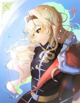  1girl arms_at_sides belt black_hairband black_jacket black_skirt blonde_hair blue_background blush commentary drop_shadow epaulettes floating_hair fur-trimmed_jacket fur_trim gradient_background hair_between_eyes hairband highres jacket jacket_on_shoulders light_particles long_hair long_sleeves looking_ahead looking_down nose_blush parted_lips red_eyes red_jacket red_sash saijou_claudine sanoon sash shoujo_kageki_revue_starlight shoulder_sash sidelocks skirt solo sparkle symbol-only_commentary upper_body very_long_hair wavy_hair yellow_belt 