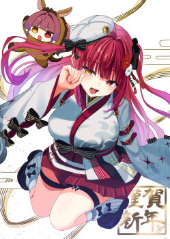  1girl absurdres beret black_bow black_shoes bow flower hair_bow hair_flower hair_ornament hakama hat heterochromia highres hololive houshou_kumarine houshou_marine houshou_marine_(11th_costume) japanese_clothes kimono long_hair misakingu open_mouth red_eyes red_flower red_hair red_hakama shoes smile socks solo thigh_strap very_long_hair virtual_youtuber white_flower white_hat white_kimono white_socks yellow_eyes 