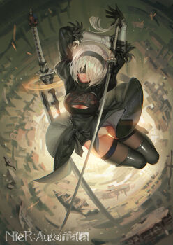  1girl 2b_(nier:automata) alphonse_(white_datura) arms_up backlighting bad_proportions black_boots black_dress black_gloves black_thighhighs blindfold blurry boots breasts broken cleavage_cutout closed_mouth clothes_lift clothing_cutout copyright_name covered_eyes debris dress dress_lift facing_viewer full_body gloves glowing gluteal_fold hair_over_one_eye hairband highres holding holding_sword holding_weapon jumping katana long_sleeves medium_breasts mole mole_under_mouth nier:automata nier_(series) panties puffy_sleeves revision short_dress short_hair side_slit solo spread_fingers sword thigh_boots thigh_gap thighhighs underwear vambraces weapon white_hair wind wind_lift 